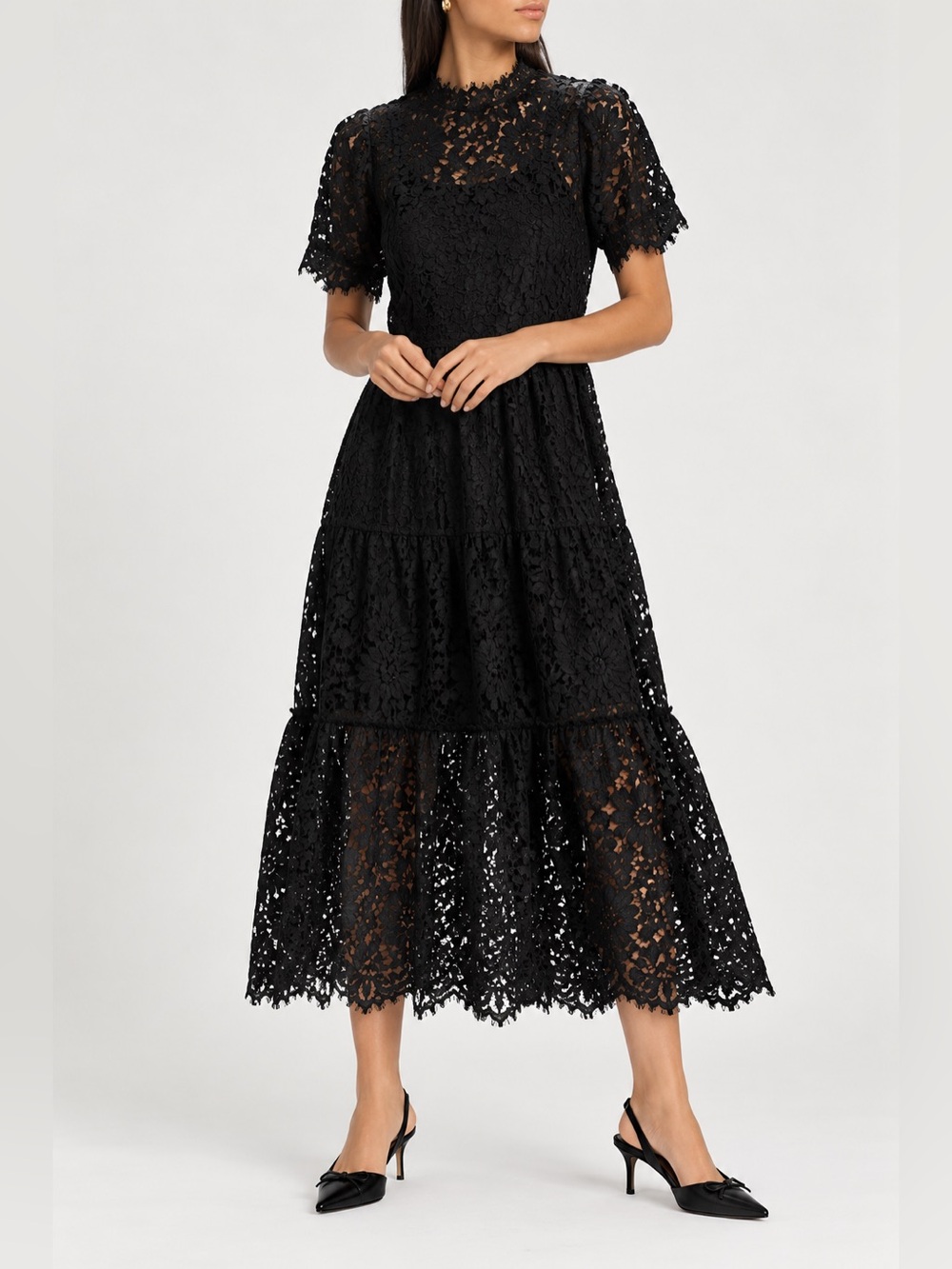 Generation Love Black Tiered Lace Maxi Dress Puff Sleeve High Neck Small